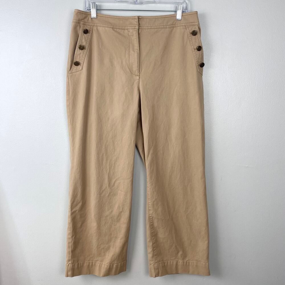 Talbots Wide Leg Pant Khaki Trouser Tan Nautical Button Pockets Size 14P